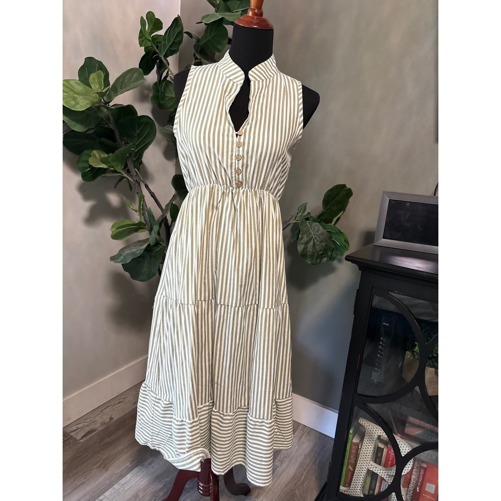 Brovave Women Olive Green White Striped Sleeveless Tiered Midi Dress Small Boho